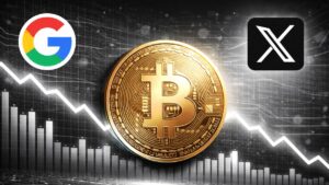 Imagen de una moneda de Bitcoin junto al logo de Google y de X.