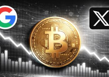 Imagen de una moneda de Bitcoin junto al logo de Google y de X.
