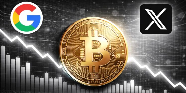 Imagen de una moneda de Bitcoin junto al logo de Google y de X.