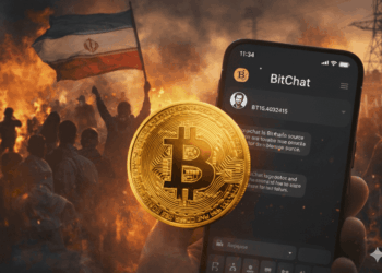 Una moneda de BTC juno a la aplicación Bitchat en un dispositivo. De fondo, protestas en Irán.