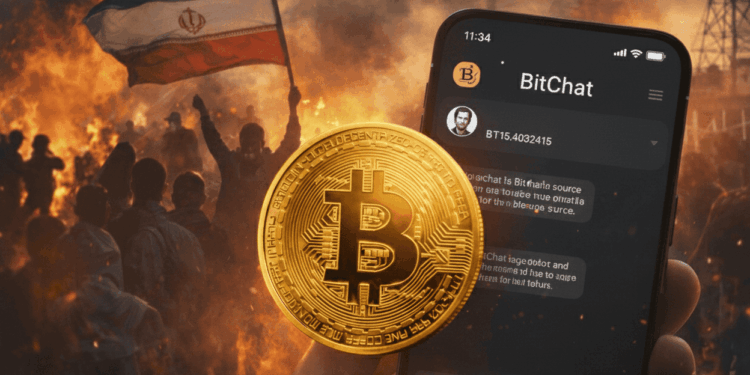 Una moneda de BTC juno a la aplicación Bitchat en un dispositivo. De fondo, protestas en Irán.