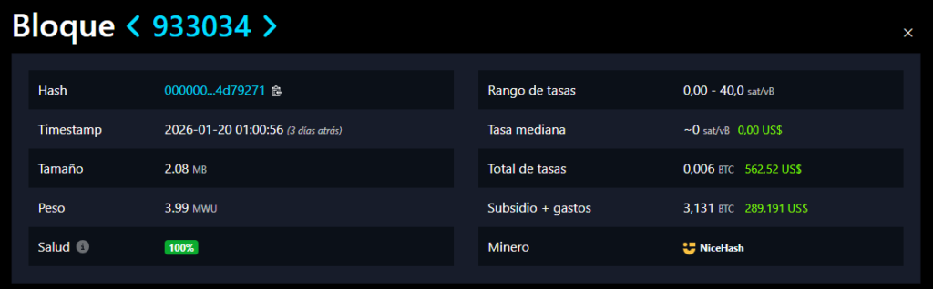 Captura de pantalla de la web de mempool.space, con datos de un bloque de Bitcoin.