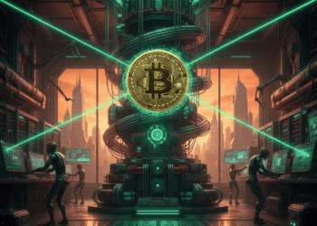 Una moneda de Bitcoin siendo atacada por rayos láser de una computadora cuántica.