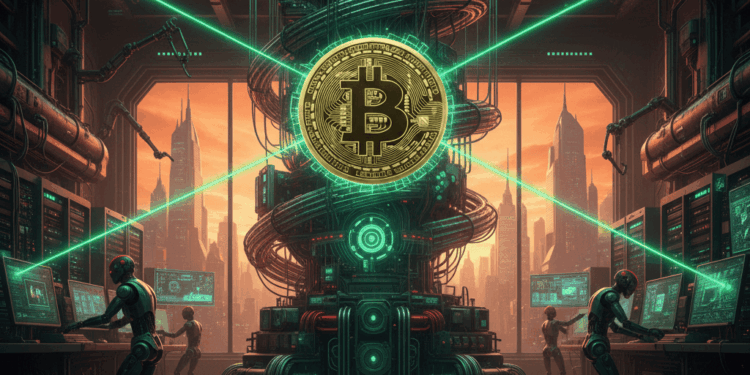 Una moneda de Bitcoin siendo atacada por rayos láser de una computadora cuántica.