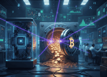 Un laboratorio con una computadora cuántica y BTC en una bóveda.