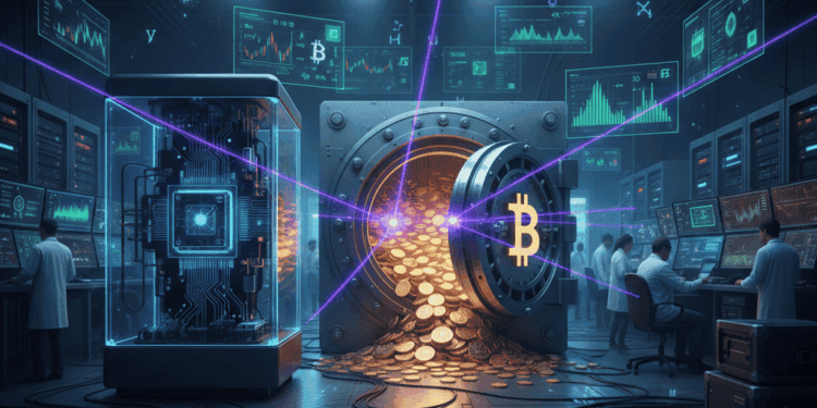Un laboratorio con una computadora cuántica y BTC en una bóveda.