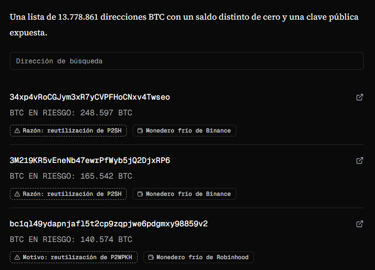 Lista de direcciones de bitcoin vulnerables a la cuántica, según Project Eleven.