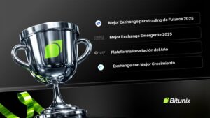 Copa trofeo de Bitunix 2025 plateada, con los nombres de los premios recibidos en 2025