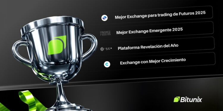 Copa trofeo de Bitunix 2025 plateada, con los nombres de los premios recibidos en 2025