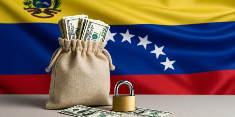 Una bolsa de dólares con un candado al lado y de fondo la bandera de Venezuela.