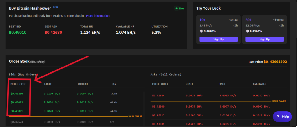 Interfaz de la plataforma de Braiins para alquilar hashrate de Bitcoin.