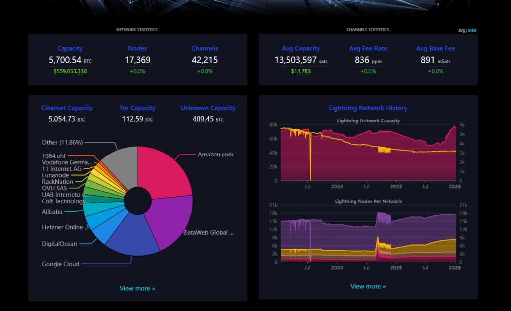 Gráfica de datos de la red Lightning de Bitcoin en enero 2026.