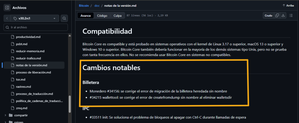 Captura de pantalla del texto del repositorio de la versión 30.2 del cliente Bitcoin Core.
