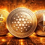 Monedas de Cardano, de Bitcoin y de Ethereum, en un entorno tecnológico.