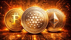 Monedas de Cardano, de Bitcoin y de Ethereum, en un entorno tecnológico.