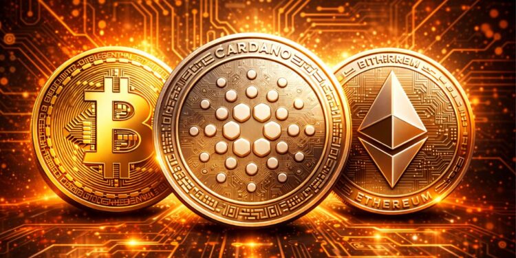 Monedas de Cardano, de Bitcoin y de Ethereum, en un entorno tecnolรณgico.