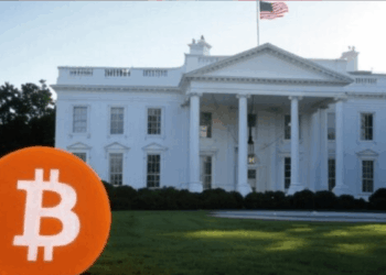 Un circulo naranja con una B de Bitcoin en blanco en el fondo en primer plano, y la Casa Blanca de fondo.