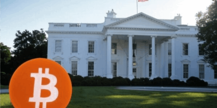 Un circulo naranja con una B de Bitcoin en blanco en el fondo en primer plano, y la Casa Blanca de fondo.