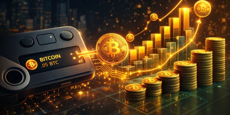 ilustración de un gráfico con barras ascendentes y el logo de bitcoin junto a una wallet de Ledger