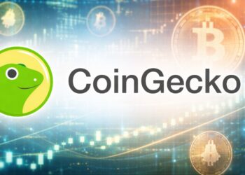 Logo de CoinGecko sobre un fondo difuminado con gráficos de velas y monedas de Bitcoin