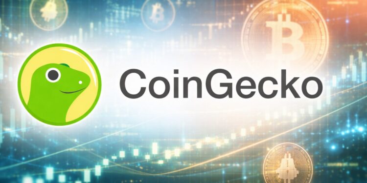 Logo de CoinGecko sobre un fondo difuminado con gráficos de velas y monedas de Bitcoin
