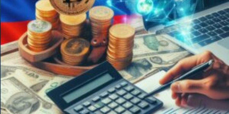 Una persona se ve haciendo cálculos en una mesa junto con monedas digitales doradas dispuestas en un escritorio. Al fondo se observa una bandera de Colombia.