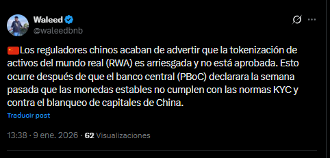 Un tuit de un usuario de X quien destaca cómo China viene cerrando las puertas a las criptomonedas, stablecoins y ahora, a la RWA.