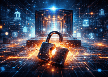 Un edificio de un banco con un candado partido a la mitad.