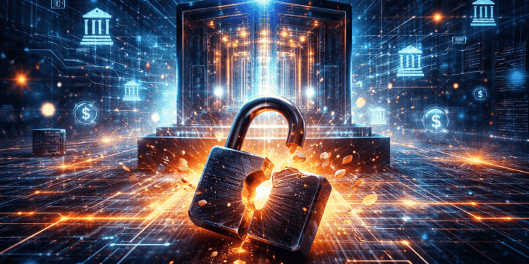 Un edificio de un banco con un candado partido a la mitad.