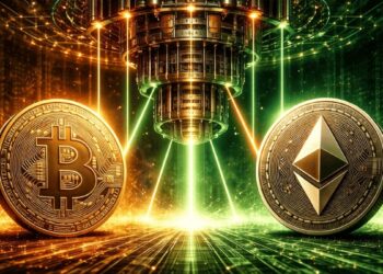 Una computadora cuántica junto a una moneda de Bitcoin y otra de Ethereum.