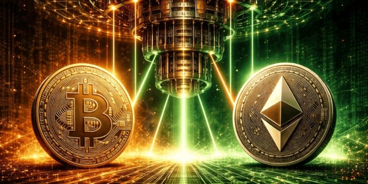 Una computadora cuántica junto a una moneda de Bitcoin y otra de Ethereum.