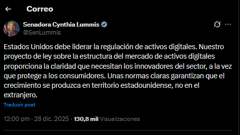 Un tuit de la senadora estadounidense Cynthia Lummis sobre la regulación del sector de las criptomonedas en Estados Unidos.