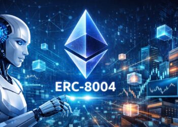 El logo de Ethereum en una ciudad futurista junto a un robot de IA.