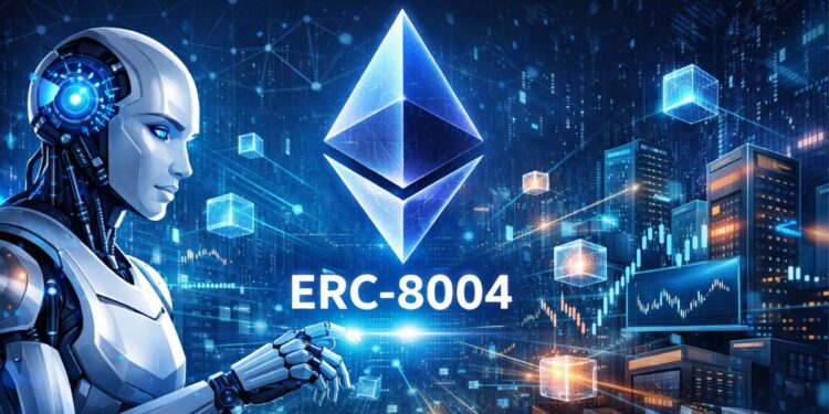 El logo de Ethereum en una ciudad futurista junto a un robot de IA.