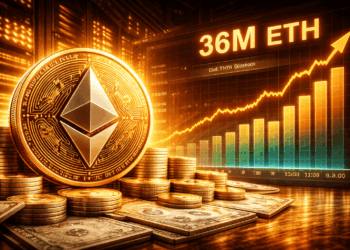 Una moneda de ether junto a un grafico de barras creciente del staking de ethereum.