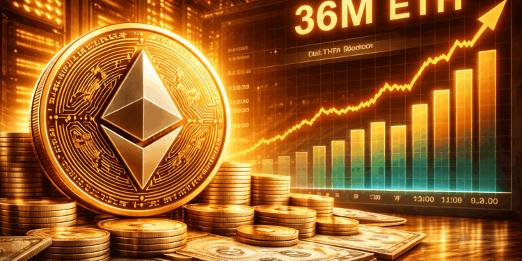 Una moneda de ether junto a un grafico de barras creciente del staking de ethereum.