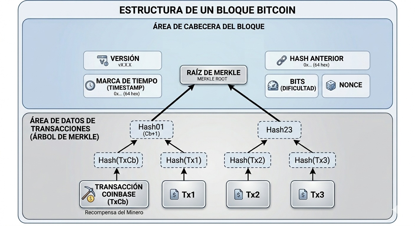 Diagrama de la estructura de bloque de la red bitcoin.