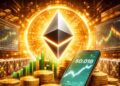 El logo de Ethereum junto a monedas de oro, gráficos con simbolos financieros y un dispositivo movil.