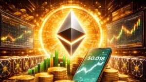 El logo de Ethereum junto a monedas de oro, gráficos con simbolos financieros y un dispositivo movil.