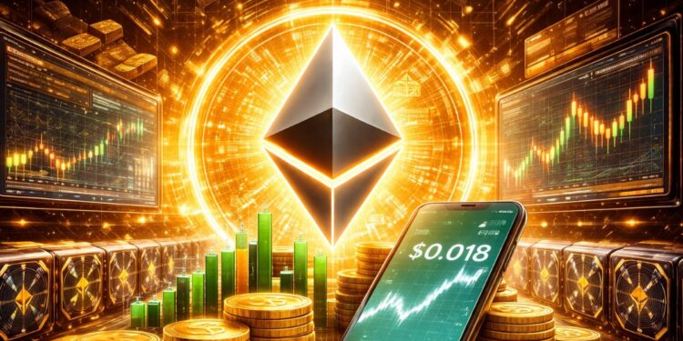El logo de Ethereum junto a monedas de oro, gráficos con simbolos financieros y un dispositivo movil.