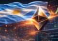 Una bandera argentina junto al logo de Ethereum, en un entorno tecnológico.