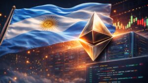 Una bandera argentina junto al logo de Ethereum, en un entorno tecnológico.