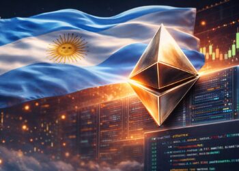 Una bandera argentina junto al logo de Ethereum, en un entorno tecnológico.