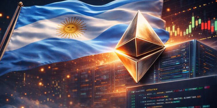 Una bandera argentina junto al logo de Ethereum, en un entorno tecnológico.