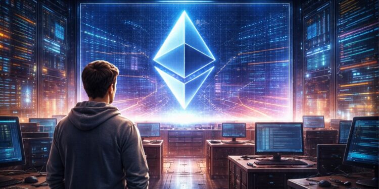 Un centro de computación con el logo de Ethereum en una pantalla gigante.