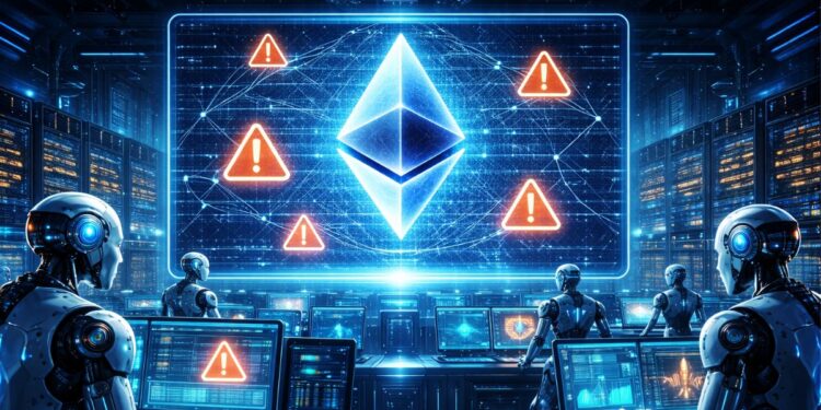Robots operando un centro de operaciones de la red Ethereum.