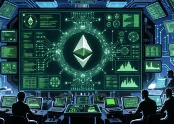 Una pantalla con el logo de Ethereum junto con gráficos y símbolos financieros.
