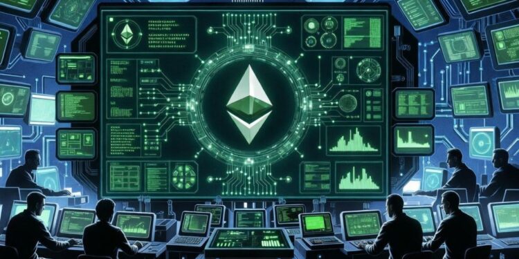 Una pantalla con el logo de Ethereum junto con gráficos y símbolos financieros.