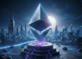 El logo de la red Ethereum, con una ciudad tecnologica de fondo.