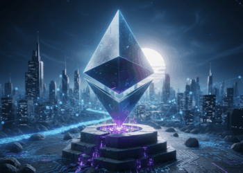El logo de la red Ethereum, con una ciudad tecnologica de fondo.